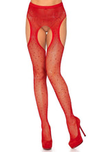 Load image into Gallery viewer, Rhinestone Fishnet Suspender Pantyhose