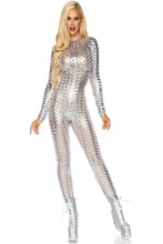 Load image into Gallery viewer, Laser Cut Metallic Catsuit for Women – Long Sleeve Bodysuit with Peek-a-Boo Cutouts & Zipper Back for Halloween & Festival Looks