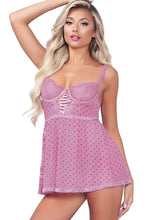 Load image into Gallery viewer, Mesh & Lace Babydoll Set – Underwire Demi Cups, Lace-Up Ribbon Detail, Adjustable Straps & Matching Thong