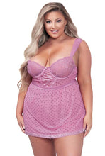 Load image into Gallery viewer, Plus Size Mesh & Lace Babydoll Set – Underwire Demi Cups, Lace-Up Ribbon Detail, Adjustable Straps & Matching Thong