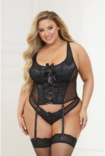 Load image into Gallery viewer, Satin Jacquard & Dot Mesh Bustier Set – Lace-Up Front, Adjustable Straps, Removable Garters, Panty Included