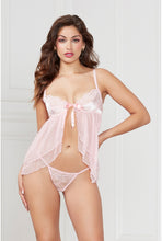 Load image into Gallery viewer, Satin Jacquard & Dot Mesh Babydoll – Flyaway Front, Underwire, Satin Ribbon Bow, Matching G-String