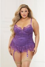 Load image into Gallery viewer, Satin & Eyelash Lace Bustier Set – Hook & Eye Closure, Adjustable Straps, Ruffled Hem, Removable Garters & G-String