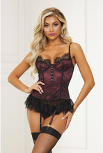 Load image into Gallery viewer, Satin & Eyelash Lace Bustier Set – Hook & Eye Closure, Adjustable Straps, Ruffled Hem, Removable Garters & G-String