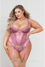 Load image into Gallery viewer, Satin & Eyelash Lace Bustier Set – Underwire, Gold Floral Charm, Removable Garters & G-string