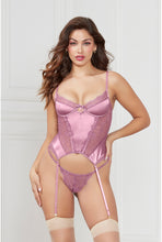 Load image into Gallery viewer, Satin & Eyelash Lace Bustier Set – Underwire, Gold Floral Charm, Removable Garters & G-string