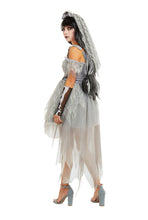 Load image into Gallery viewer, Spider Queen Costume – 3 Piece Women’s High-Low Satin & Lace Dress with Veil and Skeleton Mesh Gloves