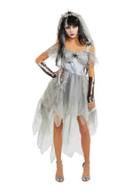 Load image into Gallery viewer, Spider Queen Costume – 3 Piece Women’s High-Low Satin & Lace Dress with Veil and Skeleton Mesh Gloves