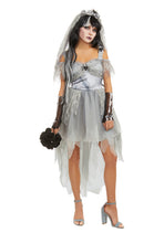 Load image into Gallery viewer, Spider Queen Costume – 3 Piece Women’s High-Low Satin & Lace Dress with Veil and Skeleton Mesh Gloves