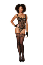 Load image into Gallery viewer, Allover leopard lace and fishnet bustier and matching G-string set