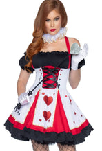 Load image into Gallery viewer, Woman modeling a Pretty Playing Card Costume with a black corset waist, ruffle neck piece, and a red and white playing card design dress with a slit. Accessories are sold separately.