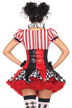 Load image into Gallery viewer, Sexy Harlequin Clown Costume with Suspender Dress, Neck Ruffle, and Clown Hat
