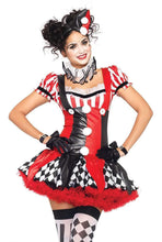 Load image into Gallery viewer, Sexy Harlequin Clown Costume with Suspender Dress, Neck Ruffle, and Clown Hat