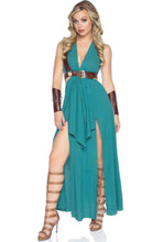 Load image into Gallery viewer, Warrior Maiden Costume for Women – 4 Piece Sexy Gladiator Halloween Outfit with Cut-Out Dress, Harness, Headband & Arm Cuffs