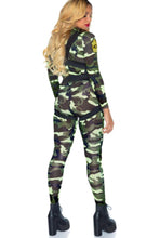 Load image into Gallery viewer, Pretty Paratrooper Women’s Military Costume – 2 Piece Camo Jumpsuit with Buckle Harness and Velcro Garters