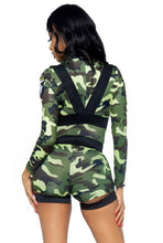 Load image into Gallery viewer, Goin’ Commando Camo Romper Costume, Plunging-V zipper front Camo Romper