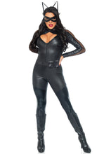 Load image into Gallery viewer, Wicked Kitty Comic Villain Costume – 4 Piece Quilted Zip-Up Catsuit with Utility Belt, Face Mask & Cat Ear Headband