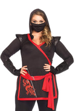Load image into Gallery viewer, Plus Size Ninja Assassin Costume for Women – 4 Piece Stealthy Halloween Outfit with Tunic, Leggings, Gauntlets & Mask