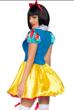Load image into Gallery viewer, Classic Snow White Costume for Women – 2 PC Fairytale Satin Dress with Corset Ribbon Front & Bow Headband