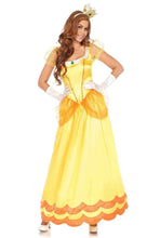 Load image into Gallery viewer, A person wearing a long satin yellow gown with glitter accents and a matching crown headband, posing as a princess character.