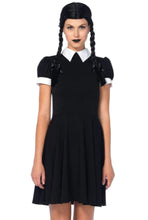 Load image into Gallery viewer, Gothic Darling Costume for Women – 2 PC Wednesday-Inspired Collared Dress with Braided Wig & Satin Hair Bows