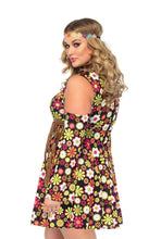Load image into Gallery viewer, Starflower Hippie Dress Costume, Funky Floral Cold-Shoulder Fringe Dress