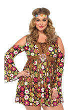 Load image into Gallery viewer, Starflower Hippie Dress Costume, Funky Floral Cold-Shoulder Fringe Dress