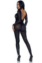 Load image into Gallery viewer, Sheer Rhinestone Catsuit for Women – Seamless Mesh Bodysuit with Plunging Back & Sparkling Rhinestone Detail