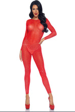 Load image into Gallery viewer, Sheer Rhinestone Catsuit for Women – Seamless Mesh Bodysuit with Plunging Back & Sparkling Rhinestone Detail