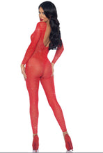 Load image into Gallery viewer, Sheer Rhinestone Catsuit for Women – Seamless Mesh Bodysuit with Plunging Back & Sparkling Rhinestone Detail