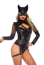 Load image into Gallery viewer, Villainess Vixen Women’s Costume – 2 Piece Strappy Bodysuit with O-Ring Garter & Hooded Cat Mask