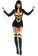Load image into Gallery viewer, Hornet Honey Superhero Costume for Women – 2 Piece Sexy Zipper Front Bodysuit with Wings & Thigh Highs