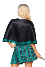 Load image into Gallery viewer, Sinister Spellcaster Costume for Women – 3 PC Magical School Girl Outfit with Crop Top, Plaid Skirt & Cape with Tie