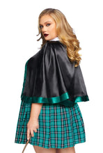 Load image into Gallery viewer, Sinister Spellcaster Costume for Women – 3 PC Magical School Girl Outfit with Crop Top, Plaid Skirt & Cape with Tie