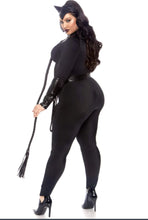 Load image into Gallery viewer, Sultry Supervillain Plus Size Costume – 3 Piece Set with Zipper Front Catsuit, Utility Belt & Cat Ear Headband