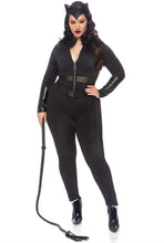 Load image into Gallery viewer, Sultry Supervillain Plus Size Costume – 3 Piece Set with Zipper Front Catsuit, Utility Belt & Cat Ear Headband