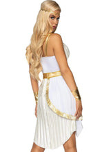 Load image into Gallery viewer, Grecian Goddess Costume for Women – 4 Piece Sexy Halloween Toga Outfit with Braided Harness, Belt, Headband & Arm Cuffs