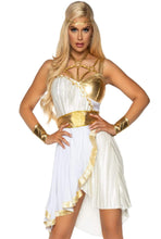 Load image into Gallery viewer, Grecian Goddess Costume for Women – 4 Piece Sexy Halloween Toga Outfit with Braided Harness, Belt, Headband & Arm Cuffs