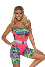 Load image into Gallery viewer, Cardio Cutie 80's Costume, Rainbow Leopard bike Short Bodysuit