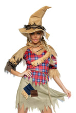 Load image into Gallery viewer, A person wearing a scarecrow costume with a brown patchwork dress, burlap shawl, rope belt, and a scarecrow hat.