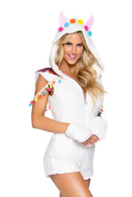 Load image into Gallery viewer, Cuddly Llama 2-Piece Plush Bodysuit Costume with Tassel Accents, Poncho Cap