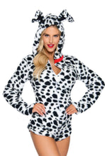 Load image into Gallery viewer, Darling Dalmatian Romper Costume with Collar Accent, Ear Hood, and Attached Tail