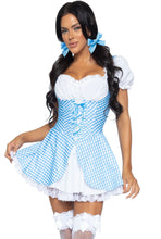 Load image into Gallery viewer, Gingham Dress With Split Skirt, Lace Up Bodice Skirt with Ruffled trimmed peasant top
