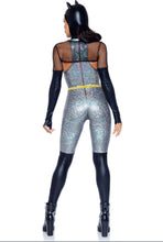 Load image into Gallery viewer, Feline Felon Women’s Costume – 4 Piece Comic Villain Outfit with Holographic Catsuit, Fishnet Shrug, Cat Ear Cap & Belt