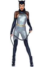 Load image into Gallery viewer, Feline Felon Women’s Costume – 4 Piece Comic Villain Outfit with Holographic Catsuit, Fishnet Shrug, Cat Ear Cap & Belt