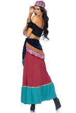 Load image into Gallery viewer, Bohemian Beauty Costume for Women – 3 Piece Gypsy-Inspired Outfit with Coin Trim Crop Top, Dual Slit Skirt