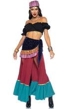 Load image into Gallery viewer, Bohemian Beauty Costume for Women – 3 Piece Gypsy-Inspired Outfit with Coin Trim Crop Top, Dual Slit Skirt