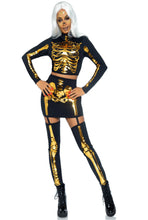 Load image into Gallery viewer, Golden Skeleton Costume for Women – 2 PC Crop Top & Garter Skirt Set with Laser Cut Skeleton Design