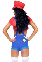 Load image into Gallery viewer, Three Piece Video Game Hero Costume – Mustache Crop Top, Suspender Shorts & Matching Hat