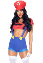 Load image into Gallery viewer, Three Piece Video Game Hero Costume – Mustache Crop Top, Suspender Shorts & Matching Hat
